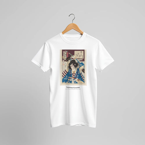 Ichikawa Danjuro IX als Soga no Goro (1901) by Toyohara Kunichika. Custom Print on a 100% Airlume Combed and Ring-Spun Cotton Unisex Crewneck T-shirt Original Aspect Ratio