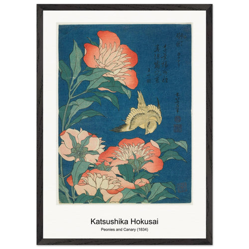 Peonies and Canary (1834) by Katsushika Hokusai. Archival Print on Museum Quality Matte Paper. Premium Wood Framed Wall Art. Original Aspect Ratio
