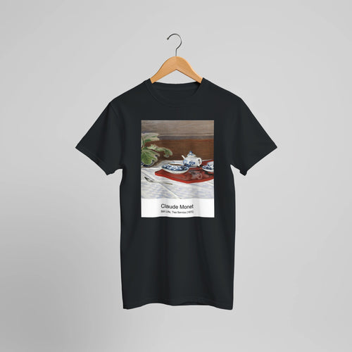 Still Life, Tea Service (1872) by Claude Monet. Custom Print on a 100% Airlume Combed and Ring-Spun Cotton Unisex Crewneck T-shirt Optimised Aspect Ratio.