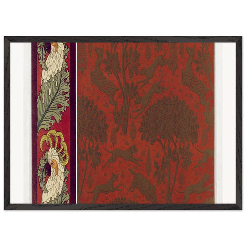 Cacatoès, bordure. Chiens, chevrettes et marcassins, cuir gaufré et doré from L'animal dans la décoration (1897) by Maurice Pillard Verneuil. Archival Print on Museum Quality Matte Paper. Premium Wood Framed Wall Art. Optimised Aspect Ratio.