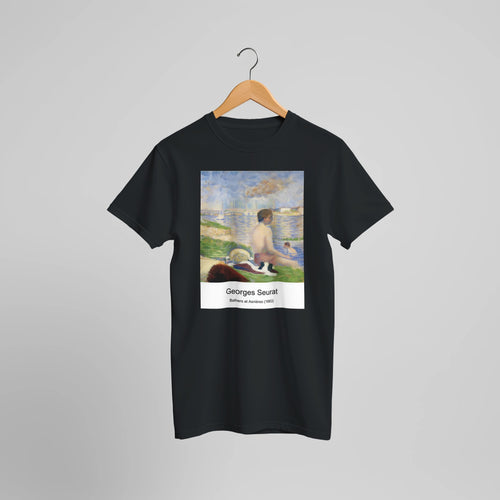 Bathers at Asnières (1883) by Georges Seurat. Custom Print on a 100% Airlume Combed and Ring-Spun Cotton Unisex Crewneck T-shirt Optimised Aspect Ratio.