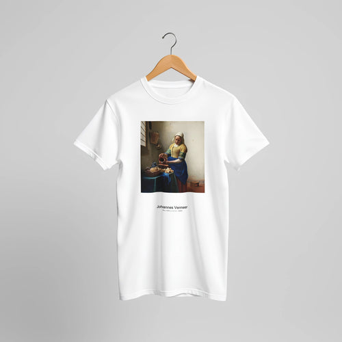 The Milkmaid (ca. 1660) by Johannes Vermeer. Custom Print on a 100% Airlume Combed and Ring-Spun Cotton Unisex Crewneck T-shirt Original Aspect Ratio
