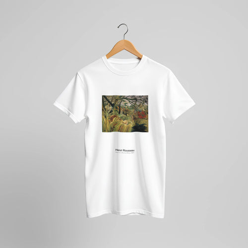 Tiger in a Tropical Storm (1891) by Henri Rousseau. Custom Print on a 100% Airlume Combed and Ring-Spun Cotton Unisex Crewneck T-shirt Original Aspect Ratio