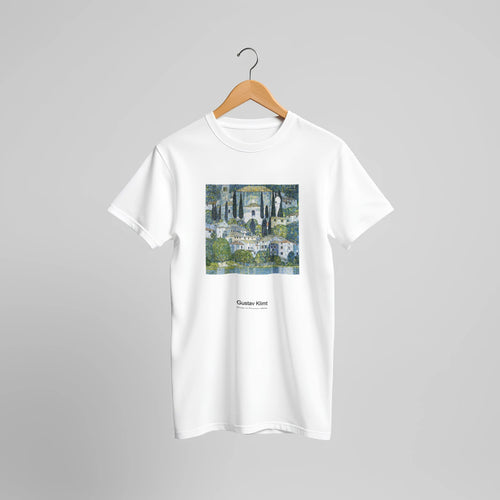 Kirche in Cassone (1913) by Gustav Klimt. Custom Print on a 100% Airlume Combed and Ring-Spun Cotton Unisex Crewneck T-shirt Original Aspect Ratio