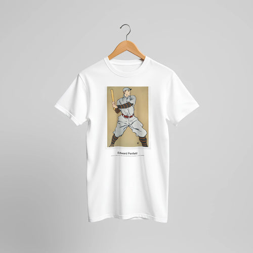 Vintage drawing of a baseball player holding a bat (1908) by Edward Penfield. Custom Print on a 100% Airlume Combed and Ring-Spun Cotton Unisex Crewneck T-shirt Original Aspect Ratio