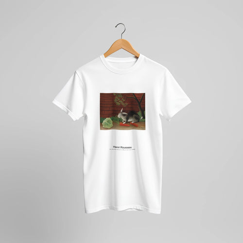 The Rabbit's Meal (Le Repas du lapin) (1908) by Henri Rousseau. Custom Print on a 100% Airlume Combed and Ring-Spun Cotton Unisex Crewneck T-shirt Original Aspect Ratio