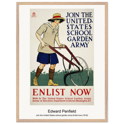 Join the United States school garden army-Enlist now (1918) by Edward Penfield. Archival Print on Museum Quality Matte Paper. Premium Wood Framed Wall Art. Original Aspect Ratio