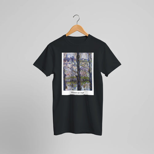 Vase with Three Sunflowers (1888) by Vincent van Gogh. Custom Print on a 100% Airlume Combed and Ring-Spun Cotton Unisex Crewneck T-shirt Optimised Aspect Ratio.