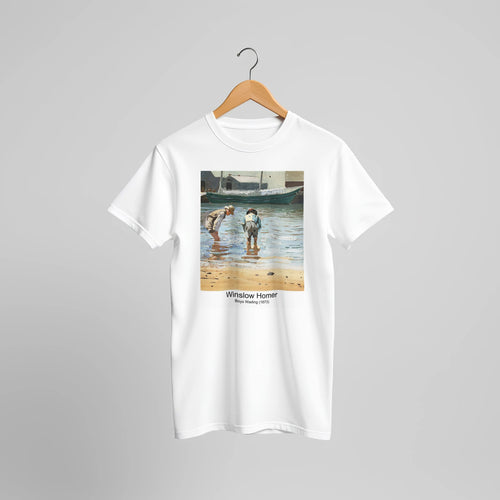Boys Wading (1873) by Winslow Homer. Custom Print on a 100% Airlume Combed and Ring-Spun Cotton Unisex Crewneck T-shirt Original Aspect Ratio