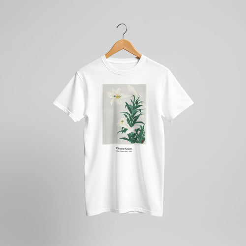 Great tit on branch with pink flowers (1900 - 1930) by Ohara Koson. Custom Print on a 100% Airlume Combed and Ring-Spun Cotton Unisex Crewneck T-shirt Original Aspect Ratio