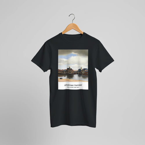View of Delft (1660-1661) by Johannes Vermeer. Custom Print on a 100% Airlume Combed and Ring-Spun Cotton Unisex Crewneck T-shirt Optimised Aspect Ratio.