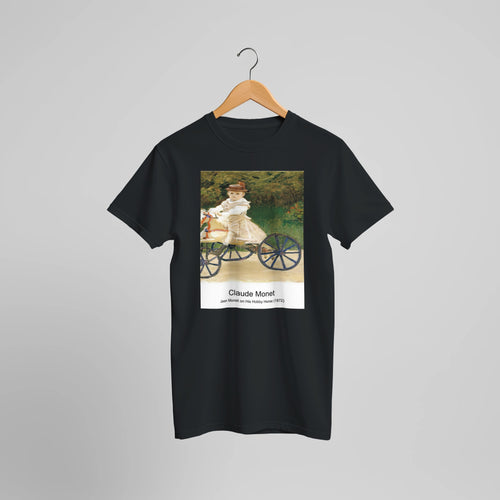 Jean Monet on His Hobby Horse (1872) by Claude Monet. Custom Print on a 100% Airlume Combed and Ring-Spun Cotton Unisex Crewneck T-shirt Optimised Aspect Ratio.