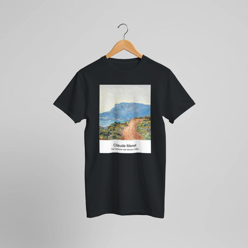 The Corniche near Monaco (1884) by Claude Monet. Custom Print on a 100% Airlume Combed and Ring-Spun Cotton Unisex Crewneck T-shirt Optimised Aspect Ratio.