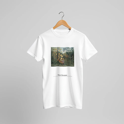 In a Tropical Forest. Struggle between Tiger and Bull (1908-1909) by Henri Rousseau. Custom Print on a 100% Airlume Combed and Ring-Spun Cotton Unisex Crewneck T-shirt Original Aspect Ratio