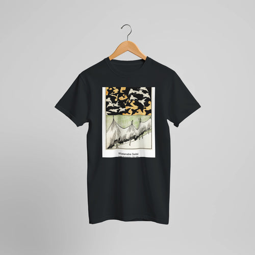 Autumn and water illustration from Bijutsu Sekai (1893-1896) by Watanabe Seitei. Custom Print on a 100% Airlume Combed and Ring-Spun Cotton Unisex Crewneck T-shirt Optimised Aspect Ratio.