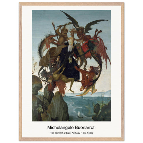 The Torment of Saint Anthony (1487-1488) by Michelangelo Buonarroti. Archival Print on Museum Quality Matte Paper. Premium Wood Framed Wall Art. Optimised Aspect Ratio.