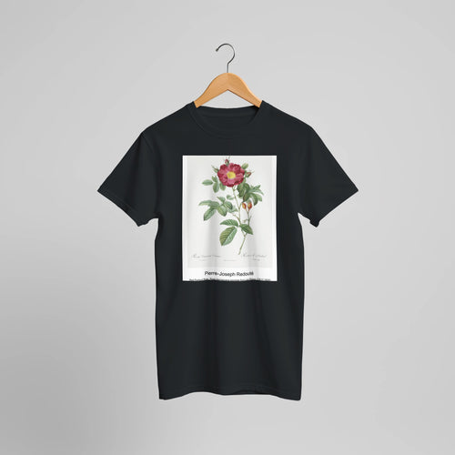 Red Portland Rose, Rosa damascena coccinea from Les Roses (1817-1824) by Pierre-Joseph Redouté. Custom Print on a 100% Airlume Combed and Ring-Spun Cotton Unisex Crewneck T-shirt Optimised Aspect Ratio.
