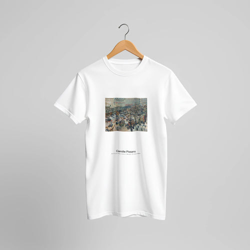 Boulevard of the Italians, Morning, Sunlight (1897) by Camille Pissarro. Custom Print on a 100% Airlume Combed and Ring-Spun Cotton Unisex Crewneck T-shirt Original Aspect Ratio