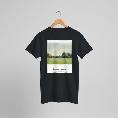 Hampton Court Green (1874) by Camille Pissarro. Custom Print on a 100% Airlume Combed and Ring-Spun Cotton Unisex Crewneck T-shirt Optimised Aspect Ratio.
