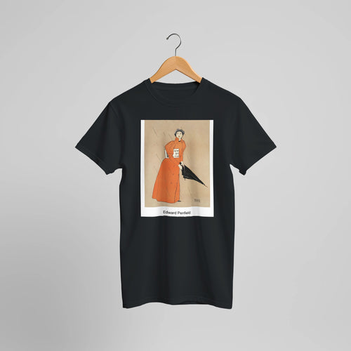 Woman holding umbrella (1894) by Edward Penfield. Custom Print on a 100% Airlume Combed and Ring-Spun Cotton Unisex Crewneck T-shirt Optimised Aspect Ratio.