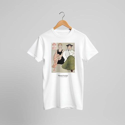 Two seated women (1896) by Edward Penfield. Custom Print on a 100% Airlume Combed and Ring-Spun Cotton Unisex Crewneck T-shirt Original Aspect Ratio