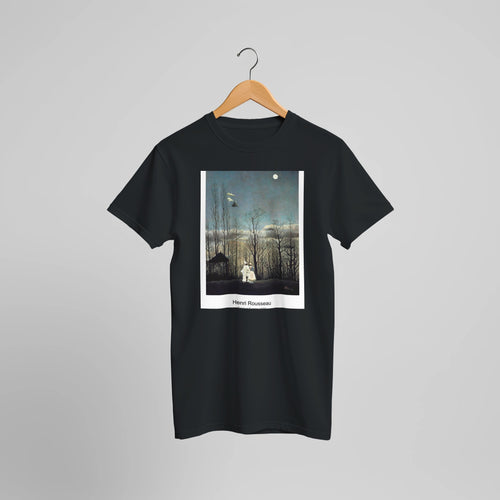 Carnival Evening (1886) by Henri Rousseau. Custom Print on a 100% Airlume Combed and Ring-Spun Cotton Unisex Crewneck T-shirt Optimised Aspect Ratio.