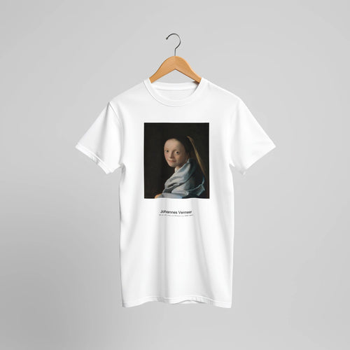 Study of a Young Woman (ca. 1665-1667) by Johannes Vermeer. Custom Print on a 100% Airlume Combed and Ring-Spun Cotton Unisex Crewneck T-shirt Original Aspect Ratio