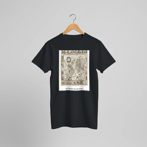 Nova totius terrarum orbis geographica ac hydrographica tabula (1635-1649) by Jan Aertse van den Ende. Custom Print on a 100% Airlume Combed and Ring-Spun Cotton Unisex Crewneck T-shirt Optimised Aspect Ratio.