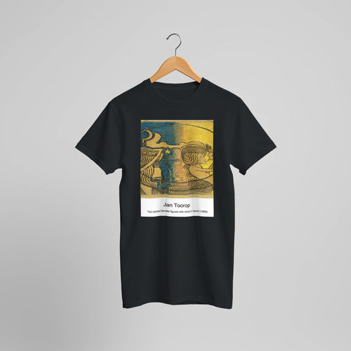 Two stylized female figures with clock in hand (1868) by Jan Toorop. Custom Print on a 100% Airlume Combed and Ring-Spun Cotton Unisex Crewneck T-shirt Optimised Aspect Ratio.