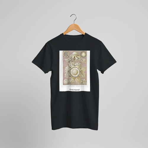 Discomedusae-Schweibenquallen from Kunstformen der Natur (1904) by Ernst Haeckel. Custom Print on a 100% Airlume Combed and Ring-Spun Cotton Unisex Crewneck T-shirt Optimised Aspect Ratio.