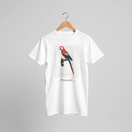 Ara Canga from Natural History of Parrots (1801—1805) by Francois Levaillant. Custom Print on a 100% Airlume Combed and Ring-Spun Cotton Unisex Crewneck T-shirt Original Aspect Ratio