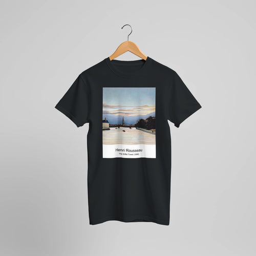 The Eiffel Tower (1898) by Henri Rousseau. Custom Print on a 100% Airlume Combed and Ring-Spun Cotton Unisex Crewneck T-shirt Optimised Aspect Ratio.