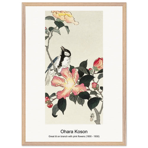 Great tit on branch with pink flowers (1900 - 1930) by Ohara Koson. Archival Print on Museum Quality Matte Paper. Premium Wood Framed Wall Art. Original Aspect Ratio