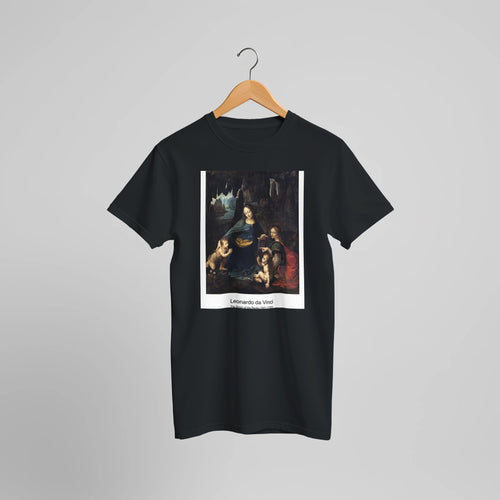 The Virgin of the Rocks (1601-1700) by Leonardo da Vinci. Custom Print on a 100% Airlume Combed and Ring-Spun Cotton Unisex Crewneck T-shirt Optimised Aspect Ratio.