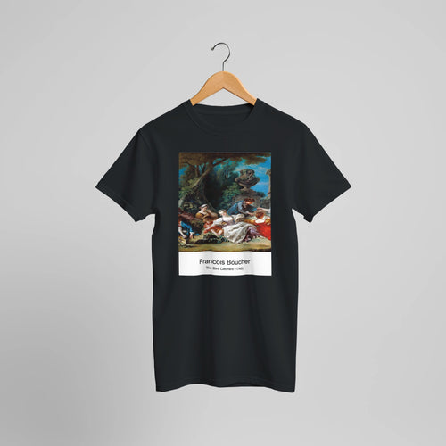 The Bird Catchers (1748) by François Boucher. Custom Print on a 100% Airlume Combed and Ring-Spun Cotton Unisex Crewneck T-shirt Optimised Aspect Ratio.