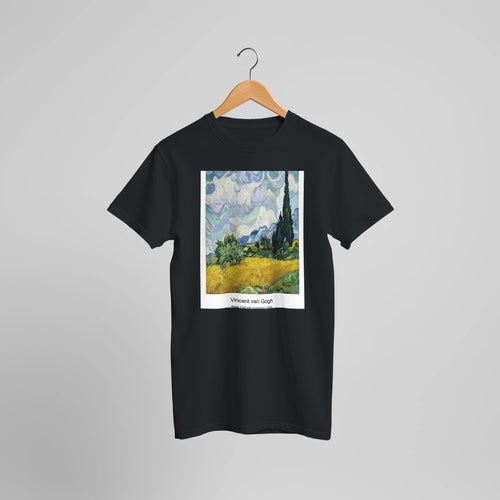 Irises (1889) by Vincent van Gogh. Custom Print on a 100% Airlume Combed and Ring-Spun Cotton Unisex Crewneck T-shirt Optimised Aspect Ratio.