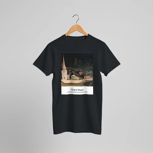 The Midnight Ride of Paul Revere (1931) by Grant Wood. Custom Print on a 100% Airlume Combed and Ring-Spun Cotton Unisex Crewneck T-shirt Optimised Aspect Ratio.