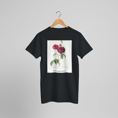 Purple French Rose, Rosa gallica purpuro-violacea magna from Les Roses (1817-1824) by Pierre-Joseph Redouté. Custom Print on a 100% Airlume Combed and Ring-Spun Cotton Unisex Crewneck T-shirt Optimised Aspect Ratio.