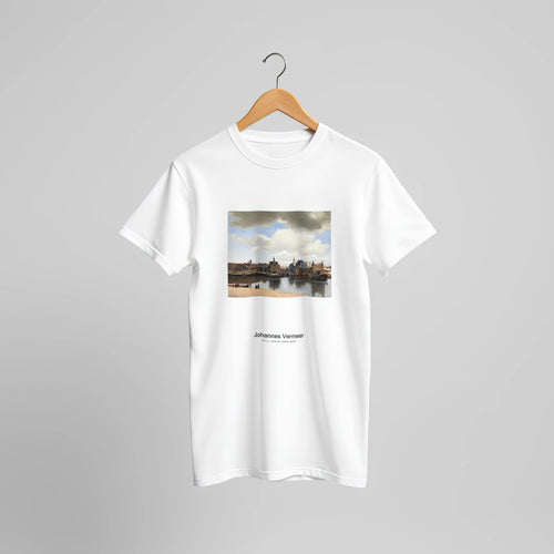 View of Delft (1660-1661) by Johannes Vermeer. Custom Print on a 100% Airlume Combed and Ring-Spun Cotton Unisex Crewneck T-shirt Original Aspect Ratio