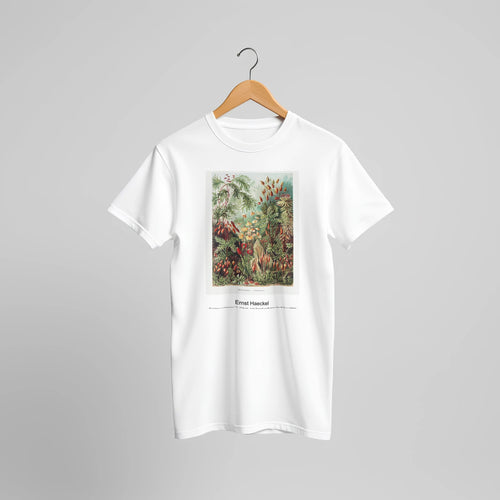 Muscinae-Laubmoose / A. Giltsch, gem from Kunstformen der Natur (1904) by Ernst Haeckel. Custom Print on a 100% Airlume Combed and Ring-Spun Cotton Unisex Crewneck T-shirt Original Aspect Ratio