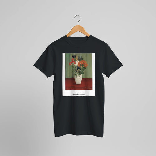 Bouquet of Flowers with China Asters and Tokyos (c. 1900-1910) by Henri Rousseau. Custom Print on a 100% Airlume Combed and Ring-Spun Cotton Unisex Crewneck T-shirt Optimised Aspect Ratio.