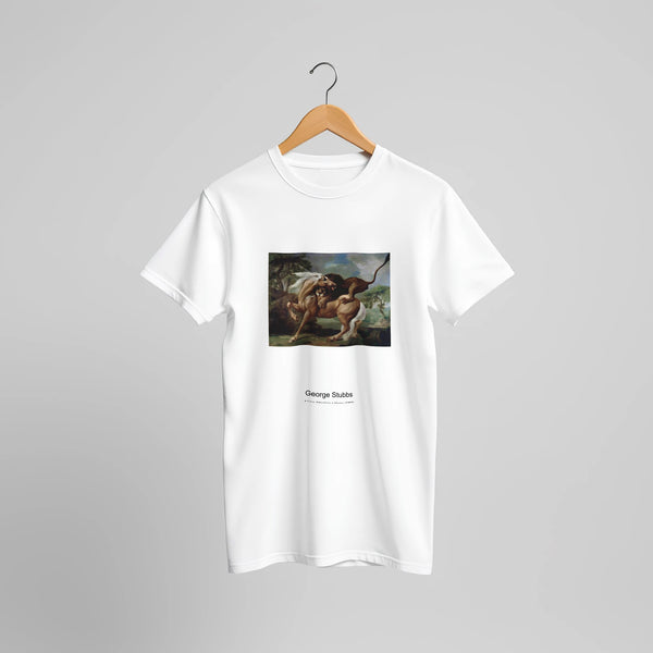 A Lion Attacking a Horse (1762) by George Stubbs. Custom Print on a 100% Airlume Combed and Ring-Spun Cotton Unisex Crewneck T-shirt Original Aspect Ratio