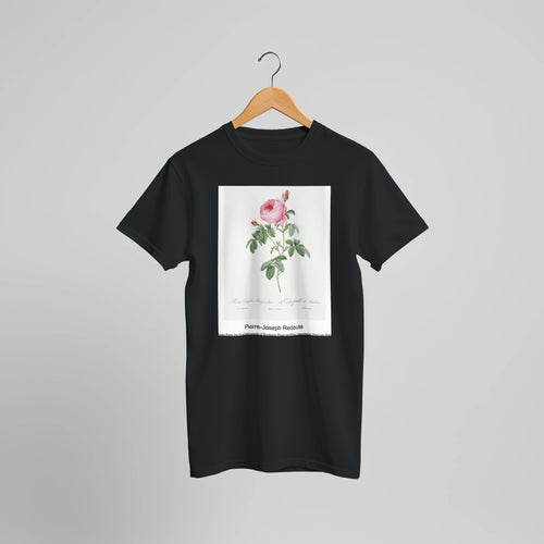 Burgundy Cabbage Rose, the Hundred-Leaves of Bordeaux (Rosa centifolia urgundiaca) from Les Roses (1817-1824) by Pierre-Joseph Redouté. Custom Print on a 100% Airlume Combed and Ring-Spun Cotton Unisex Crewneck T-shirt Optimised Aspect Ratio.