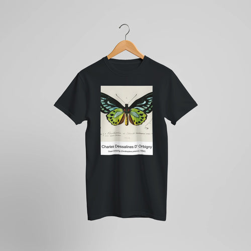 Green birdwing (Ornithoptera priamus) (1892) by Charles Dessalines D' Orbigny. Custom Print on a 100% Airlume Combed and Ring-Spun Cotton Unisex Crewneck T-shirt Optimised Aspect Ratio.