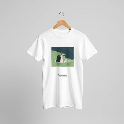 Two Women on the Shore (1898) by Edvard Munch. Custom Print on a 100% Airlume Combed and Ring-Spun Cotton Unisex Crewneck T-shirt Original Aspect Ratio