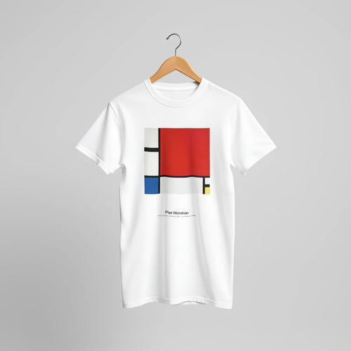 Composition with Red, Blue, and Yellow (1930) by Piet Mondrian. Custom Print on a 100% Airlume Combed and Ring-Spun Cotton Unisex Crewneck T-shirt Original Aspect Ratio