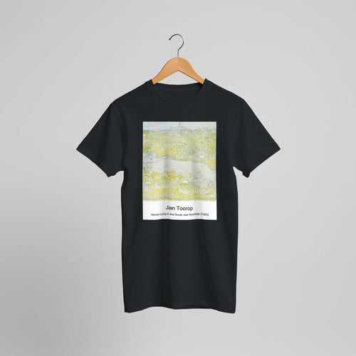 Woman Lying in the Dunes near Noordwijk (1902) by Jan Toorop. Custom Print on a 100% Airlume Combed and Ring-Spun Cotton Unisex Crewneck T-shirt Optimised Aspect Ratio.