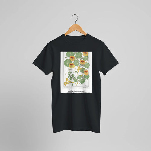 Capucine (nasturtium) from La Plante et ses Applications ornementales (1896) by Maurice Pillard Verneuil. Custom Print on a 100% Airlume Combed and Ring-Spun Cotton Unisex Crewneck T-shirt Optimised Aspect Ratio.