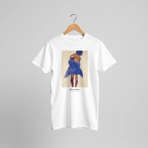Standing Girl, Back View (1908) by Egon Schiele. Custom Print on a 100% Airlume Combed and Ring-Spun Cotton Unisex Crewneck T-shirt Original Aspect Ratio