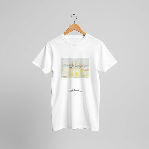 Two-master on the Zeeland waters (1915) by Jan Toorop. Custom Print on a 100% Airlume Combed and Ring-Spun Cotton Unisex Crewneck T-shirt Original Aspect Ratio